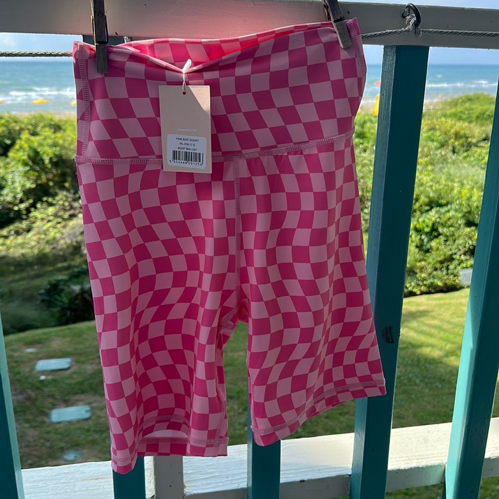 Wilo the label pink check spandex bike shorts